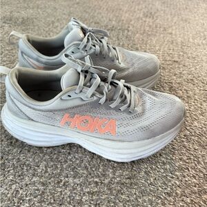 Hoka Light Gray and Orange Athletic Shoes